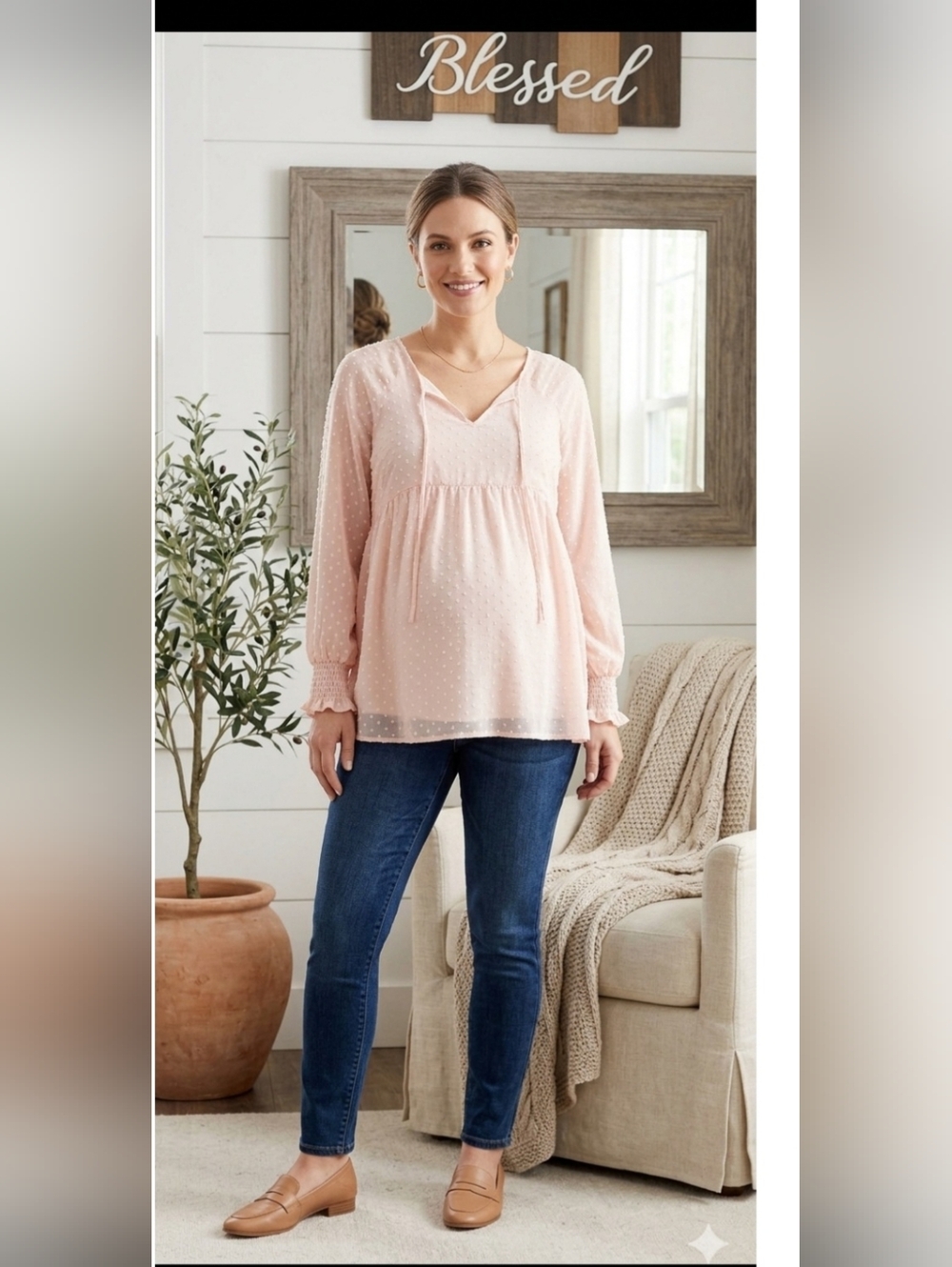 Motherhood Maternity Light Pink Top with Swiss Dot Trim